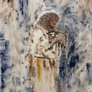 Abstract Hand Painted Depiction of Jesus Holding the Lost Lamb
